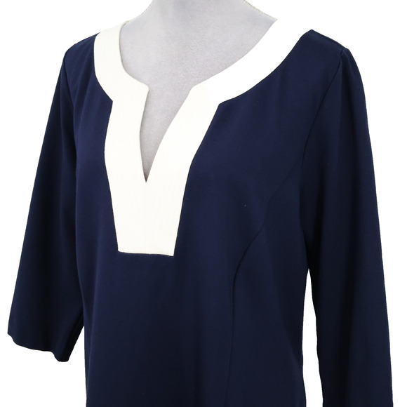 Talbots Dress Plus Size 16W Navy Blue Ivory Stretch Knit Back Zip Midi Career - Picture 10 of 14